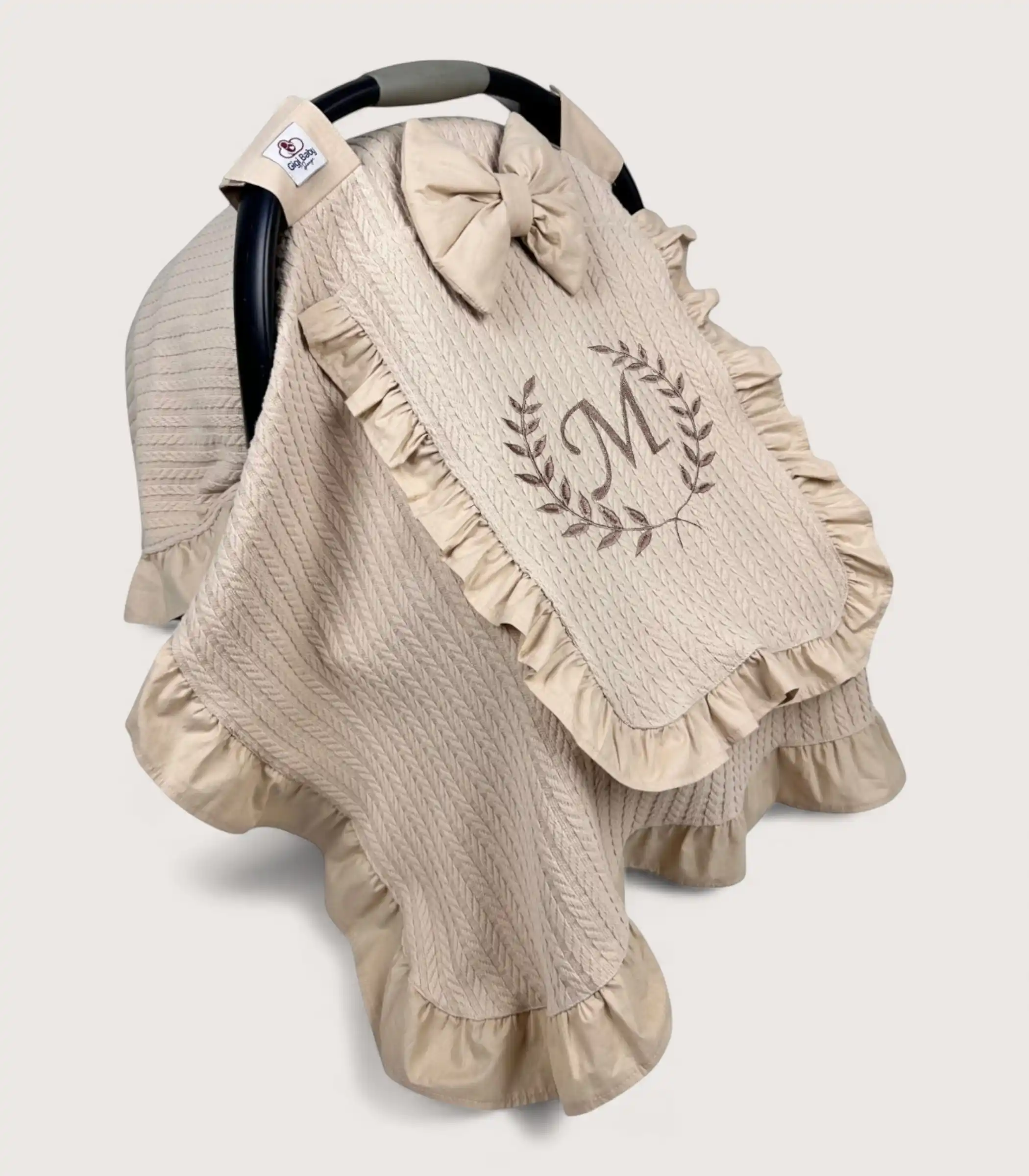 bej-orgu-pike-firfirli-kapakli-puset-ortusu Bej Örgü Pike Fırfırlı Kapaklı Puset Örtüsü - Görsel 1