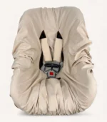 Bej rengi puset kılıfı ve uyumlu kemer kılıfı seti – %100 pamuk üst yüzeyli, kişiselleştirilebilir bebek puset kılıfı.