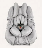 Gri puset kılıfı, puset minderi ve kemer kılıfından oluşan setin ürün görseli.