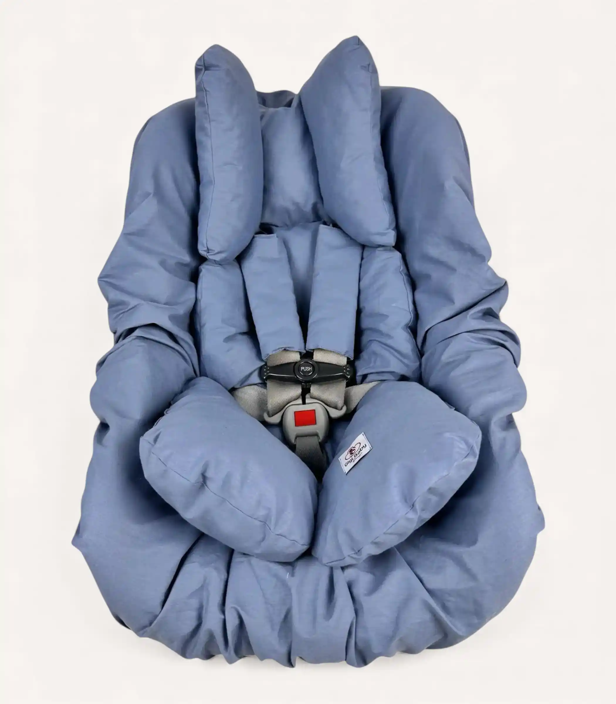 indigo-mavi-puset-kilifi-puset-minderi-ve-kemer-kilifi İndigo Mavi puset kılıfı, puset minderi ve kemer kılıfından oluşan setin ürün görseli.