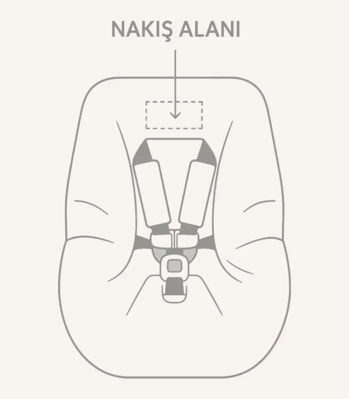 Bebek puset kılıfı üzerinde nakış alanının gösterildiği şematik çizim – isim, monogram veya desen işlemeye uygun üst bölge.