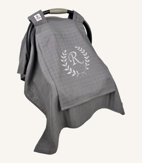 Antrasit tek kat müslin kumaştan, fırfırsız, kapaklı ve tül pencereli, kişiselleştirilebilir puset örtüsü.