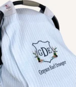 Bebek mavisi örgü pike kumaştan, kenarları fırfırlı, kapak kısmı düz, kişiselleştirilebilir puset örtüsü.