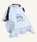 Bebek mavisi örgü pike kumaştan, kenarları fırfırlı, kapak kısmı düz, kişiselleştirilebilir puset örtüsü.