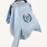 Bebek mavisi tek kat müslin kumaştan, fırfırsız, kapaklı ve tül pencereli, kişiselleştirilebilir puset örtüsü.