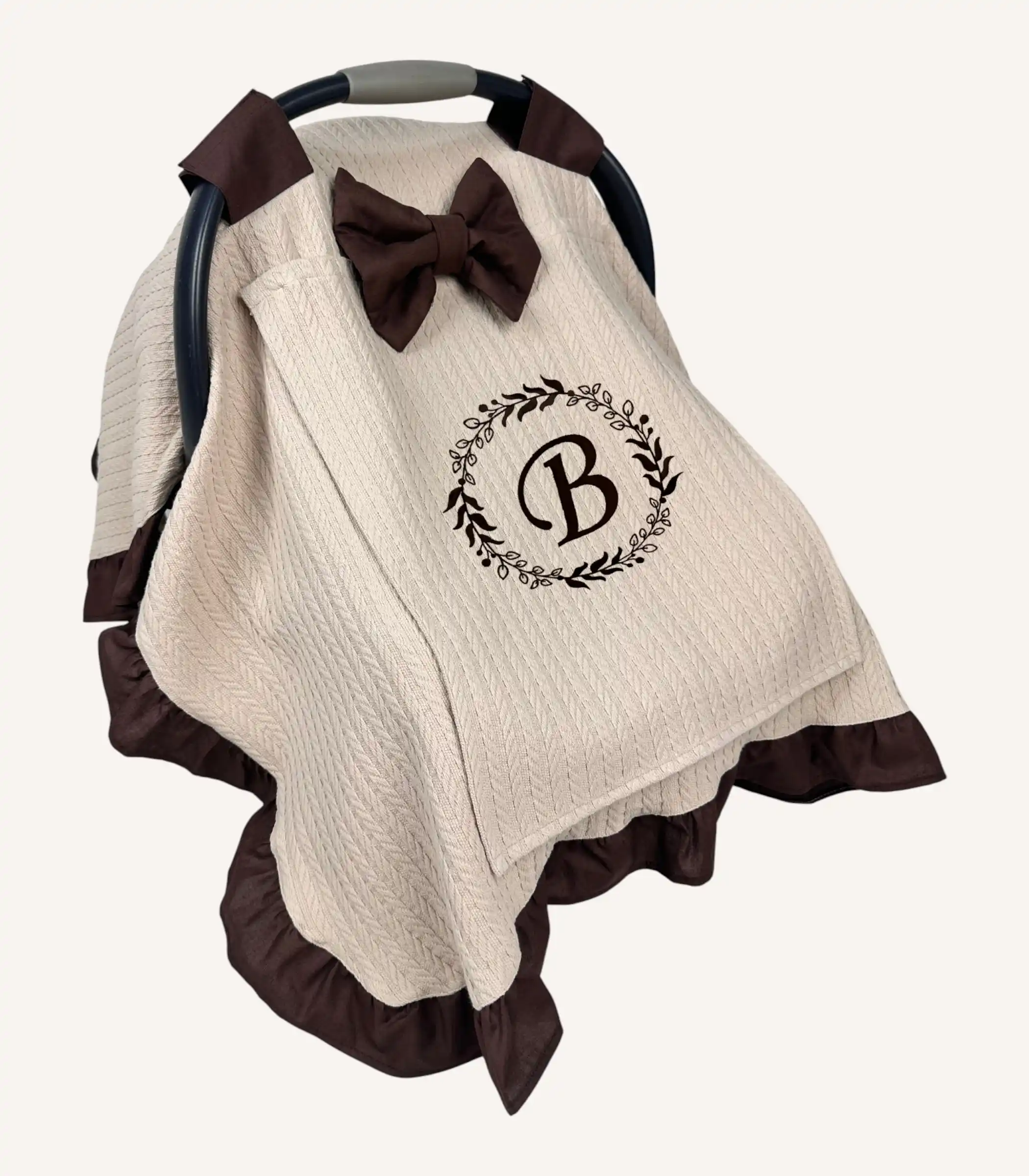 bej-orgu-pike-kahverengi-firfirli-puset-ortusu Bej örgü pike kumaşlı, kahverengi fırfırlı, kapak kısmı düz, kişiselleştirilebilir puset örtüsü.