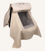 Bej tek kat müslin kumaştan, fırfırsız, kapaklı ve tül pencereli, kişiselleştirilebilir puset örtüsü.