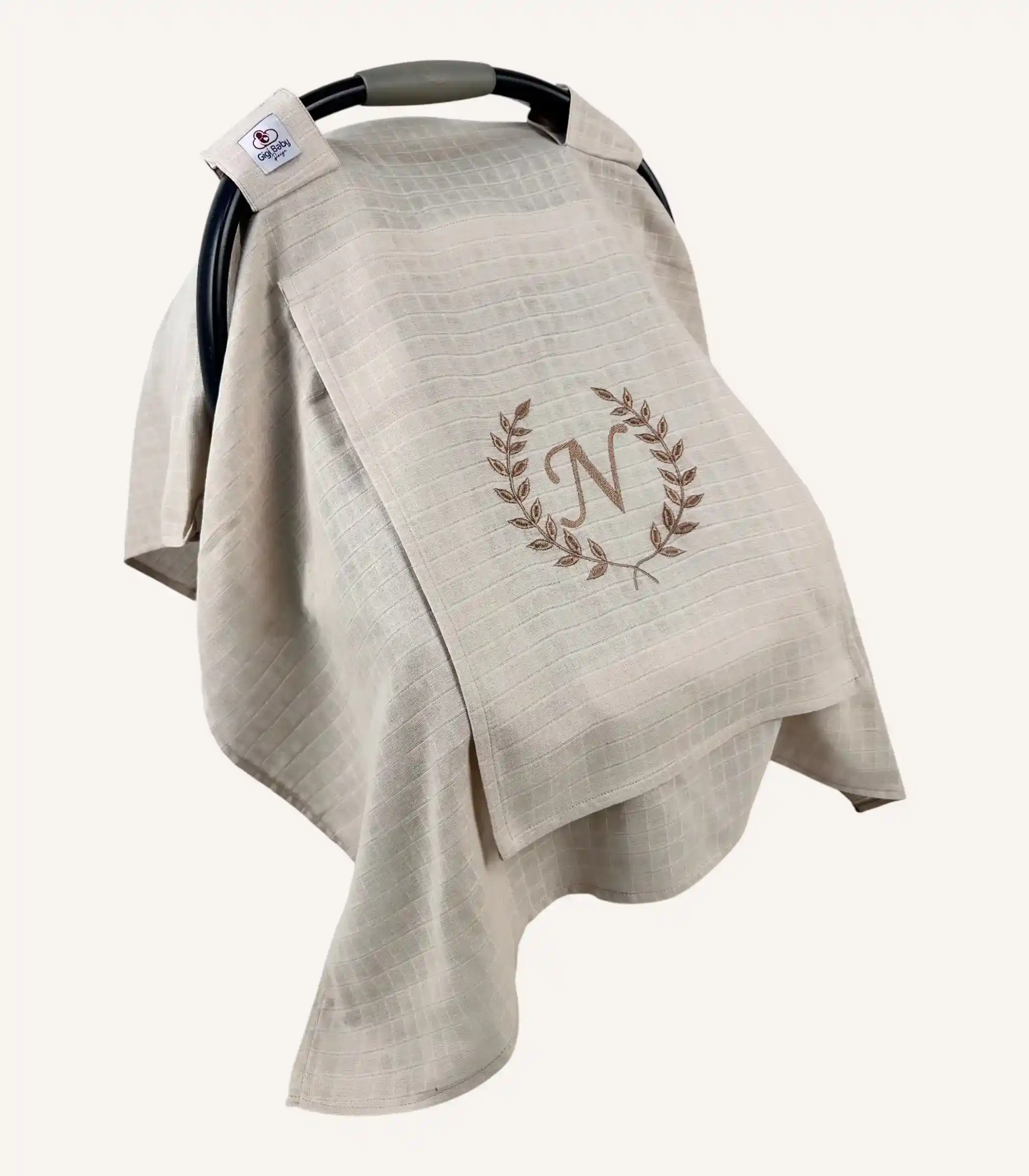 bej-tek-kat-muslin-kapakli-puset-ortusu Bej tek kat müslin kumaştan, fırfırsız, kapaklı ve tül pencereli, kişiselleştirilebilir puset örtüsü.