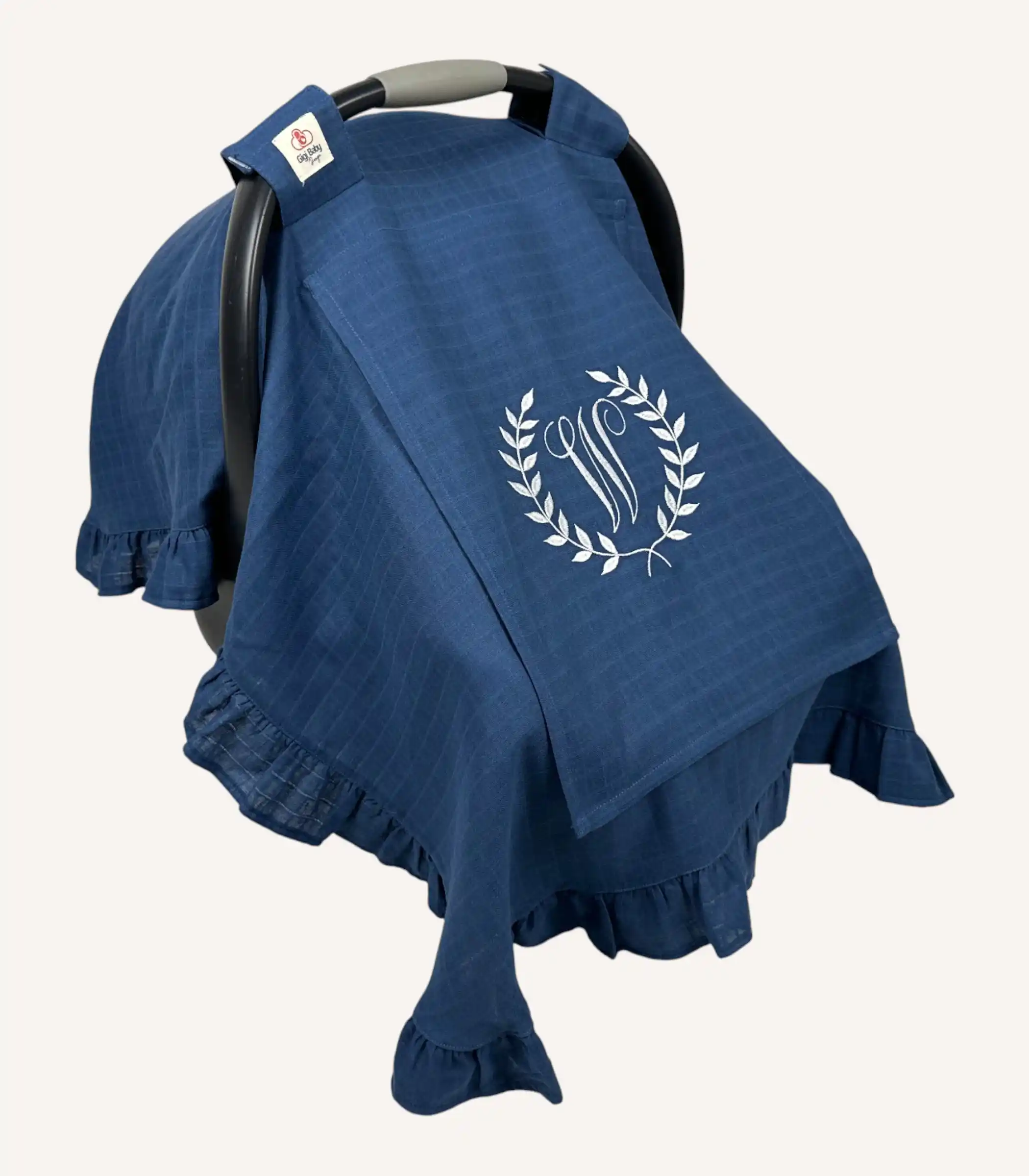 denim-mavi-tek-kat-muslin-firfirli-puset-ortusu Denim mavi tek kat müslin kumaştan fırfırlı, kapaklı puset örtüsü; tül pencereli ve kişiselleştirilebilir nakış detaylı model.