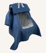 Denim mavi tek kat müslin kumaştan, fırfırsız, kapaklı ve tül pencereli, kişiselleştirilebilir puset örtüsü.