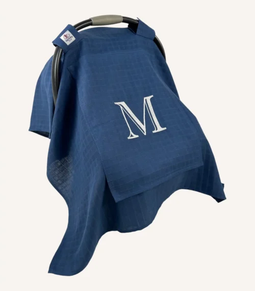 Denim mavi tek kat müslin kumaştan, fırfırsız, kapaklı ve tül pencereli, kişiselleştirilebilir puset örtüsü.