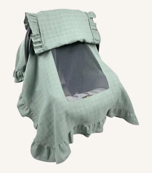 Haki tek kat müslin kumaştan, kapaklı ve kapak kenarları fırfırlı, tül pencereli, kişiselleştirilebilir puset örtüsü.