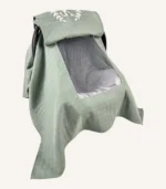 Haki tek kat müslin kumaştan, fırfırsız, kapaklı ve tül pencereli, kişiselleştirilebilir puset örtüsü.