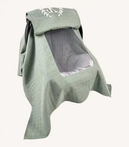 Haki tek kat müslin kumaştan, fırfırsız, kapaklı ve tül pencereli, kişiselleştirilebilir puset örtüsü.
