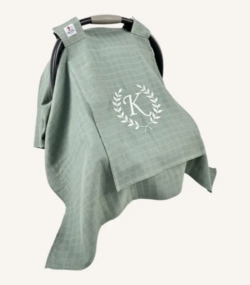 Haki tek kat müslin kumaştan, fırfırsız, kapaklı ve tül pencereli, kişiselleştirilebilir puset örtüsü.