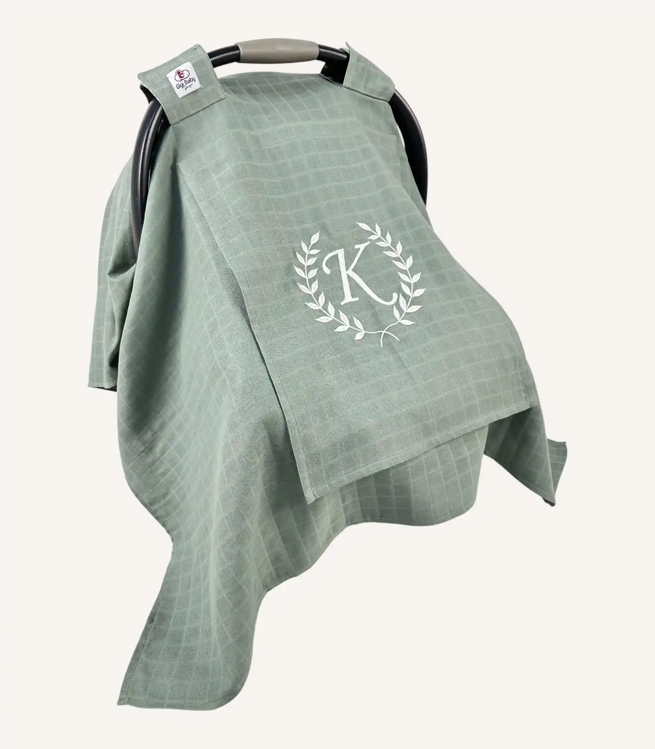 haki-tek-kat-muslin-kapakli-puset-ortusu Haki tek kat müslin kumaştan, fırfırsız, kapaklı ve tül pencereli, kişiselleştirilebilir puset örtüsü.