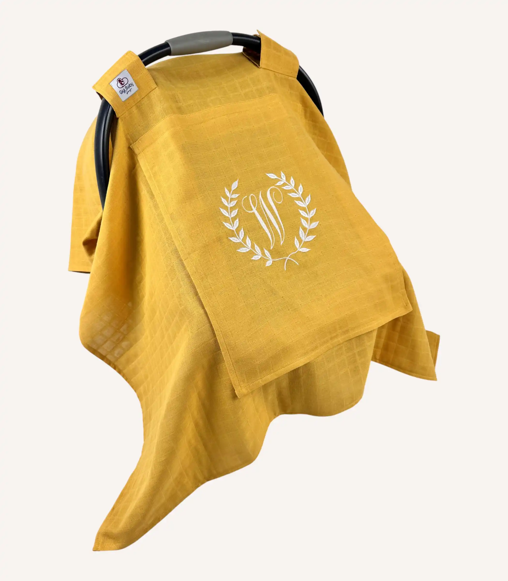 hardal-tek-kat-muslin-kapakli-puset-ortusu Hardal tek kat müslin kumaştan, fırfırsız, kapaklı ve tül pencereli, kişiselleştirilebilir puset örtüsü.