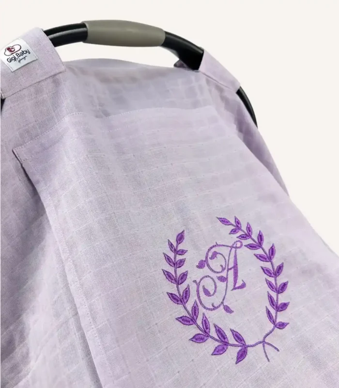 Lila tek kat müslin kumaştan, fırfırsız, kapaklı ve tül pencereli, kişiselleştirilebilir puset örtüsü.