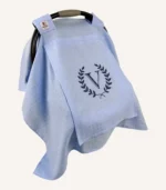 Mavi tek kat müslin kumaştan, fırfırsız, kapaklı ve tül pencereli, kişiselleştirilebilir puset örtüsü.