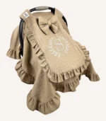 Taş tek kat müslin kumaştan, kapaklı ve kapak kenarları fırfırlı, tül pencereli, kişiselleştirilebilir puset örtüsü.