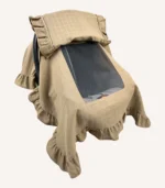 Taş tek kat müslin kumaştan, kapaklı ve kapak kenarları fırfırlı, tül pencereli, kişiselleştirilebilir puset örtüsü.