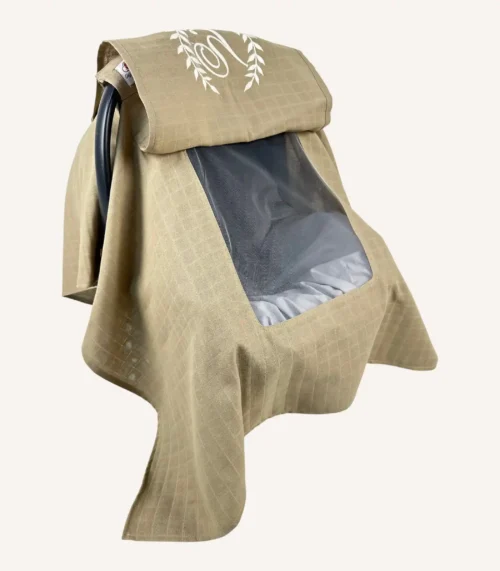 Taş tek kat müslin kumaştan, fırfırsız, kapaklı ve tül pencereli, kişiselleştirilebilir puset örtüsü.