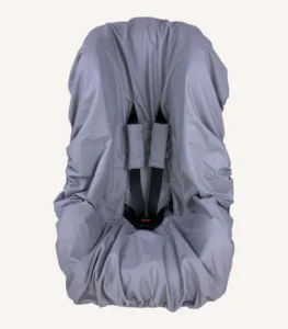 Antrasit pamuk yüzeyli, alezli veya alezsiz seçenekli, çıtçıt kemer geçişli ve cırtlı kemer kılıflı çocuk oto koltuğu kılıfı