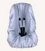 Bebek mavisi pamuk yüzeyli, alezli veya alezsiz seçenekli, çıtçıt kemer geçişli ve cırtlı kemer kılıflı çocuk oto koltuğu kılıfı