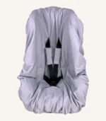 Gri pamuk yüzeyli, alezli veya alezsiz seçenekli, çıtçıt kemer geçişli ve cırtlı kemer kılıflı çocuk oto koltuğu kılıfı