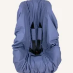 İndigo mavi pamuk yüzeyli, alezli veya alezsiz seçenekli, çıtçıt kemer geçişli ve cırtlı kemer kılıflı çocuk oto koltuğu kılıfı