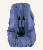 İndigo mavi pamuk yüzeyli, alezli veya alezsiz seçenekli, çıtçıt kemer geçişli ve cırtlı kemer kılıflı çocuk oto koltuğu kılıfı