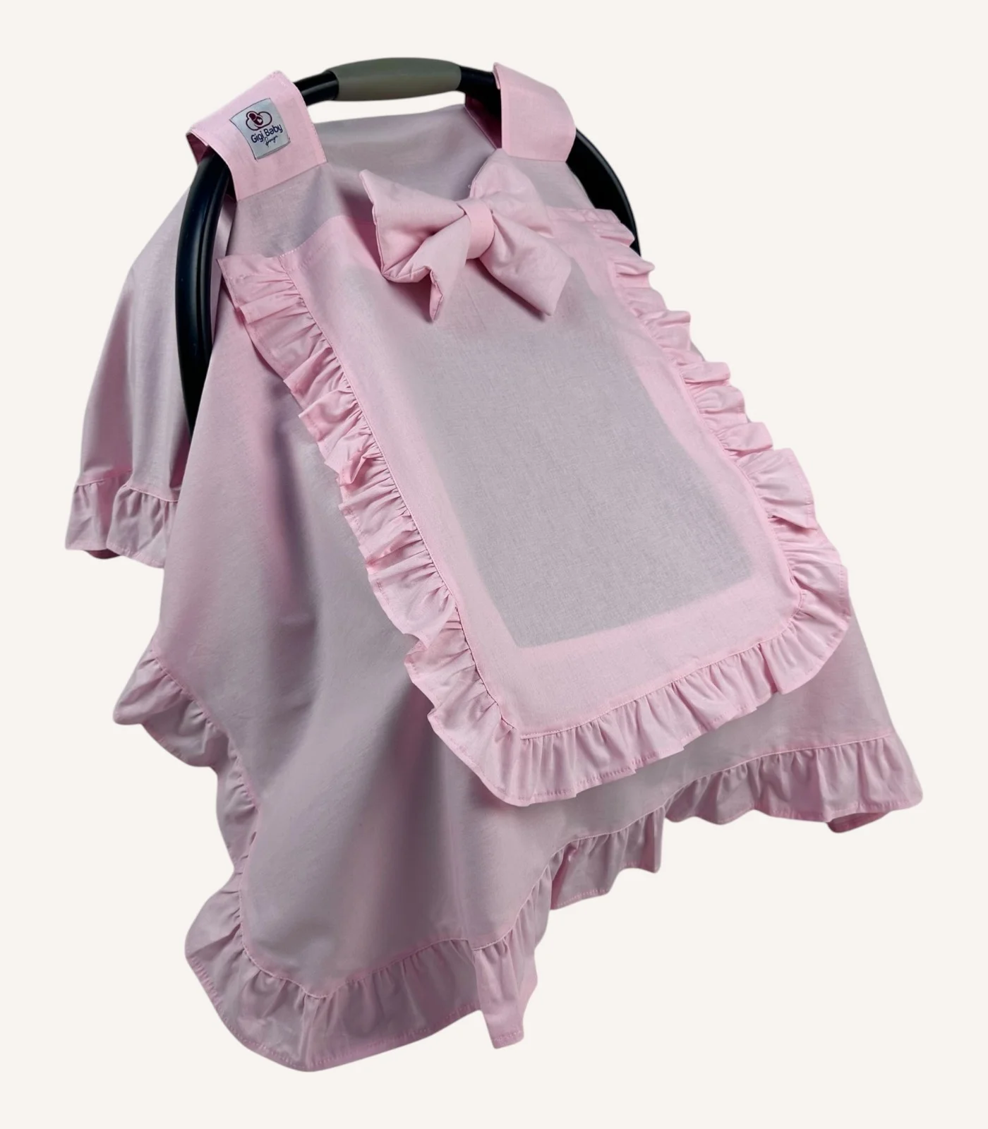 pembe-poplin-firfirli-kapakli-puset-ortusu Pembe poplin kumaştan, kenarları ve kapağı fırfırlı, tül pencereli kapaklı puset örtüsü