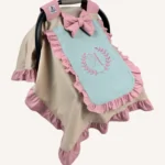 Çok renkli poplin kumaştan, fırfırlı ve tül pencereli kapaklı puset örtüsü (pudra, bej ve mint tonları)