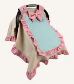 Çok renkli poplin kumaştan, fırfırlı ve tül pencereli kapaklı puset örtüsü (pudra, bej ve mint tonları)