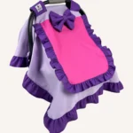 Çok renkli poplin kumaştan, mor lila fuşya tonlarında, fırfırlı ve tül pencereli kapaklı puset örtüsü