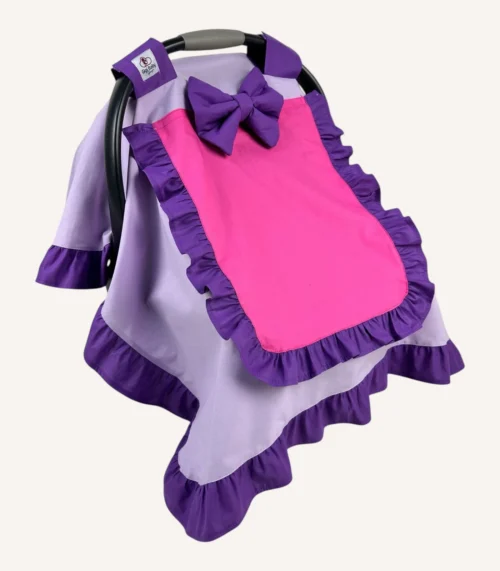 Çok renkli poplin kumaştan, mor lila fuşya tonlarında, fırfırlı ve tül pencereli kapaklı puset örtüsü