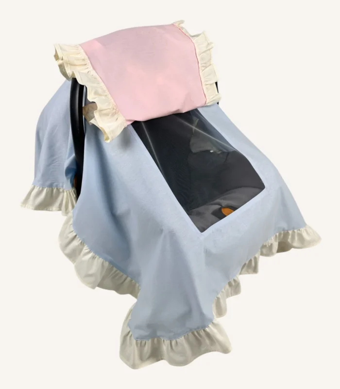 Çok renkli poplin kumaştan, krem bebek mavisi ve bebek pembesi tonlarında, fırfırlı ve tül pencereli kapaklı puset örtüsü