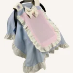 Çok renkli poplin kumaştan, krem bebek mavisi ve bebek pembesi tonlarında, fırfırlı ve tül pencereli kapaklı puset örtüsü