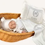 Ekru organik hastane çıkış seti; dekoratif yastık, battaniye, tulum, ayı şapka