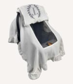 Ekru 8’li organik hastane çıkış seti; kroşeli yastık, battaniye, tulum, ayı şapka, zıbınlar ve müslin puset örtüsü