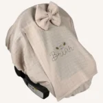 Bej müslin lastikli puset örtüsü, kapaklı tül pencereli, Doona uyumlu, mini fiyonk opsiyonlu, hafif bebek puset örtüsü