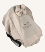 Bej müslin lastikli puset örtüsü, kapaklı tül pencereli, Doona uyumlu, mini fiyonk opsiyonlu, hafif bebek puset örtüsü