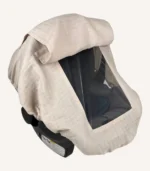 Bej müslin lastikli puset örtüsü, kapaklı tül pencereli, Doona uyumlu, mini fiyonk opsiyonlu, hafif bebek puset örtüsü