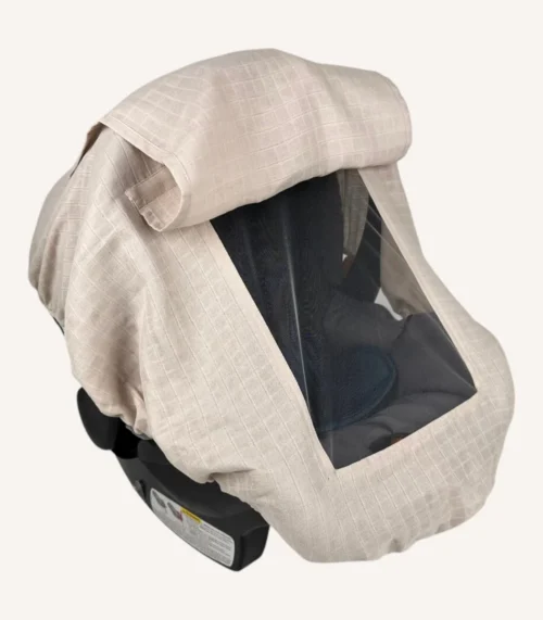 Bej müslin lastikli puset örtüsü, kapaklı tül pencereli, Doona uyumlu, mini fiyonk opsiyonlu, hafif bebek puset örtüsü