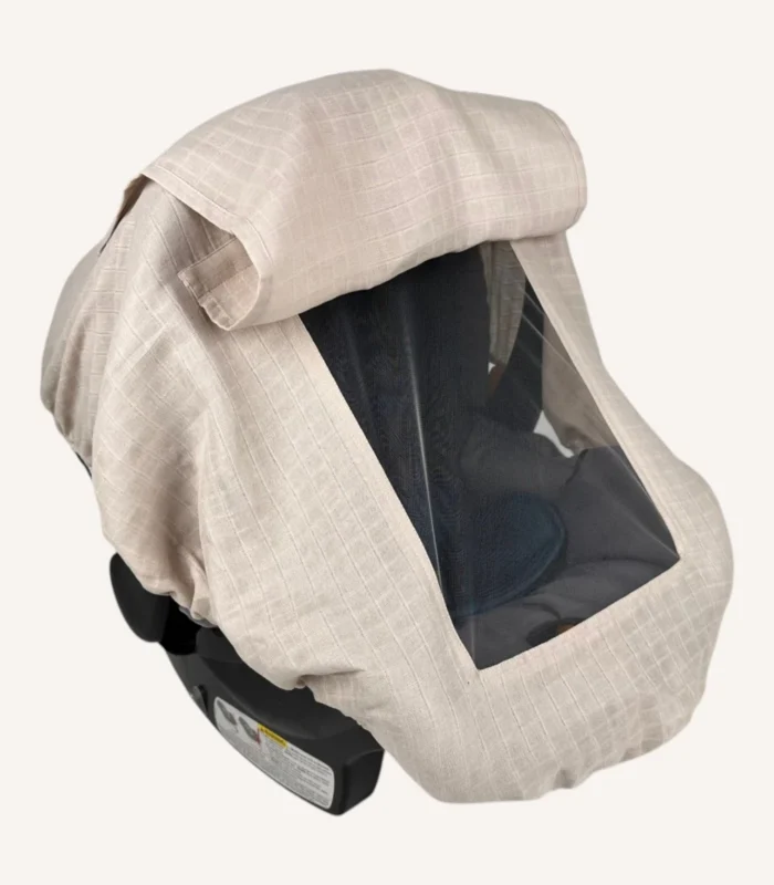 Bej müslin lastikli puset örtüsü, kapaklı tül pencereli, Doona uyumlu, mini fiyonk opsiyonlu, hafif bebek puset örtüsü