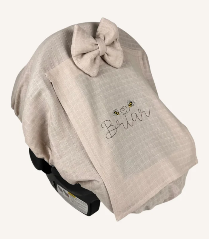 Bej müslin lastikli puset örtüsü, kapaklı tül pencereli, Doona uyumlu, mini fiyonk opsiyonlu, hafif bebek puset örtüsü