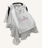 Ekru organik pamuk interlok, fırfır kenarları kroşe detaylı sade puset örtüsü