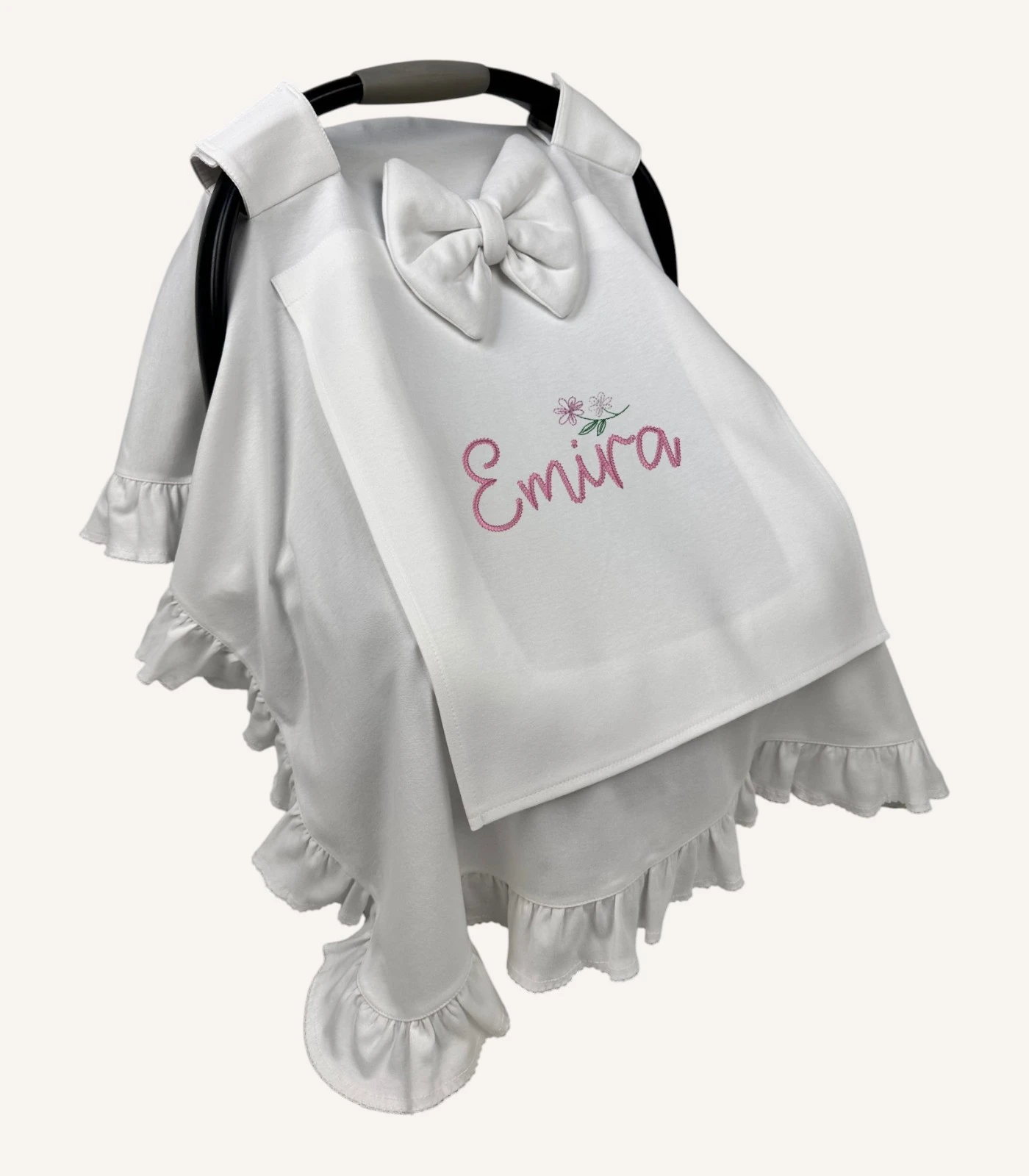 beyaz-kroseli-interlok-puset-ortusu Ekru organik pamuk interlok, fırfır kenarları kroşe detaylı sade puset örtüsü