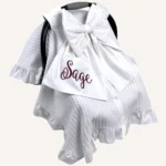 Beyaz örgü pike puset örtüsü, fiyonklu, ortadan yırtmaçlı çıtçıtlı model, fırfırlı kenarlı, %100 pamuk bebek puset örtüsü