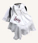 Beyaz örgü pike puset örtüsü, fiyonklu, ortadan yırtmaçlı çıtçıtlı model, fırfırlı kenarlı, %100 pamuk bebek puset örtüsü